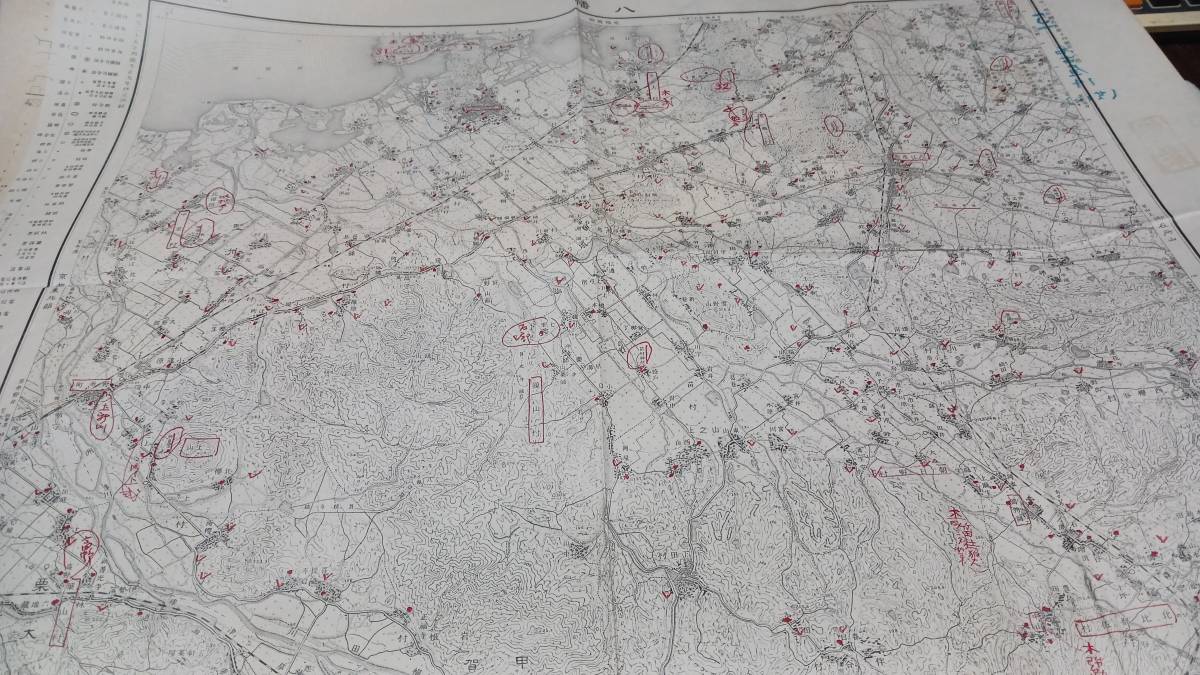 八幡　滋賀県　古地図 　地形図　地図　資料　46×57cm　書き込み多し表裏　明治25年測図　大正14年印刷　発行　B2303_画像2
