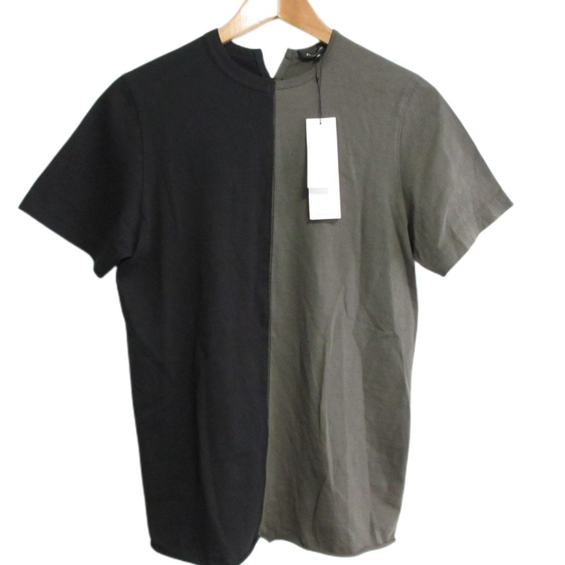 未使用 23SS pas de calais パドカレ 半袖 クルーネック ハーフガサット天竺 バイカラーTシャツ カットソー 36 カーキ×ブラック ◆_画像1