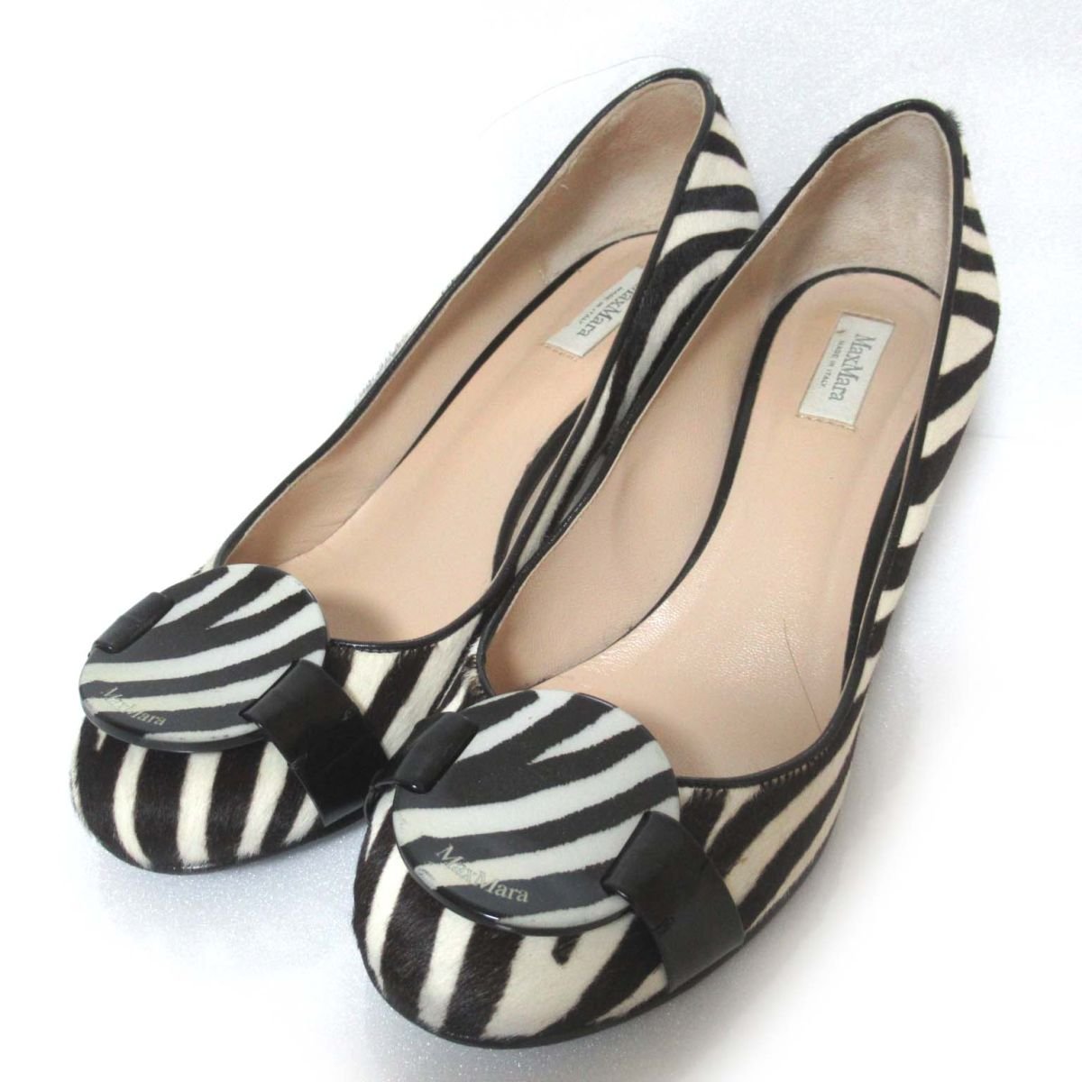  beautiful goods Max Mara Max Mara Zebra pattern is lako leather tea n key heel pumps 39 size 24.5cm corresponding white × dark brown 