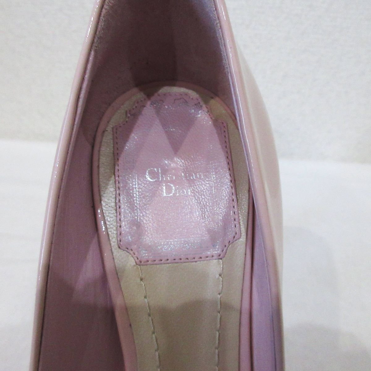 美品 Christian Dior クリスチャンディオール エナメル メタルカナージュヒール オープントゥ パンプス サイズ34 1/2 約22cm ピンク_画像4