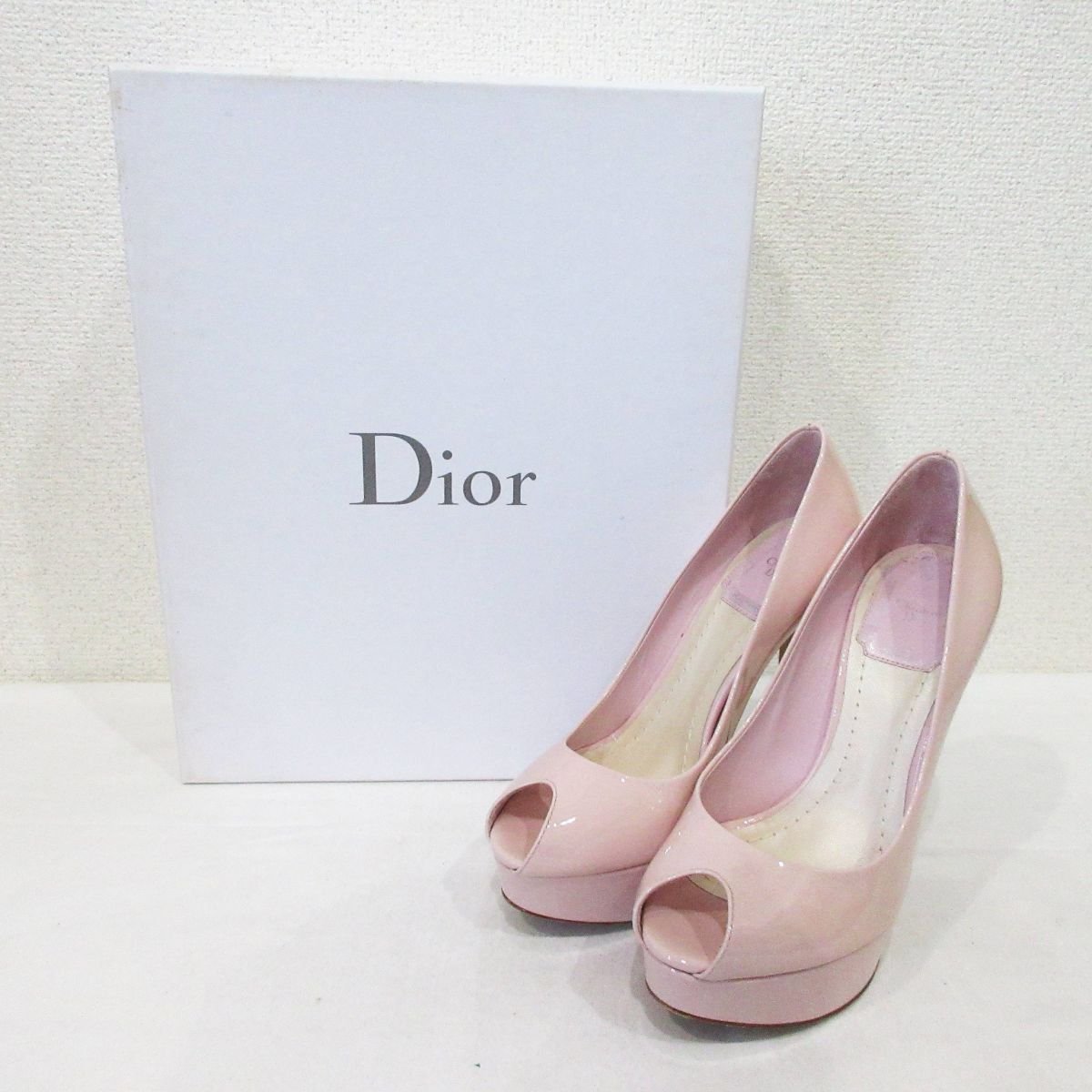 美品 Christian Dior クリスチャンディオール エナメル メタルカナージュヒール オープントゥ パンプス サイズ34 1/2 約22cm ピンク_画像1