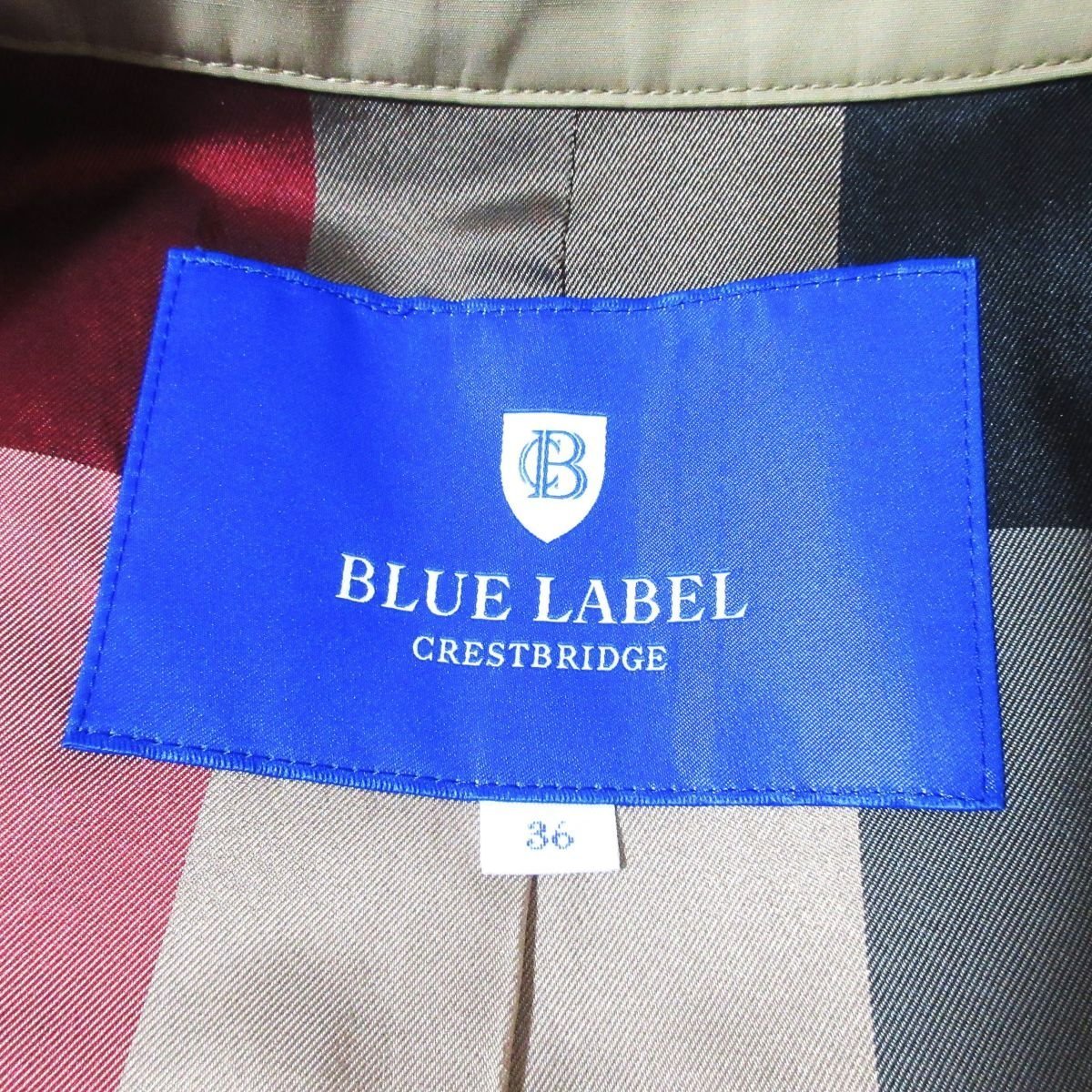 美品 BLUE LABEL CRESTBRIDGE ブルーレーベルクレストブリッジ 裏地チェック柄 フーディ シングル トレンチコート サイズ36 ベージュ ◆_画像3