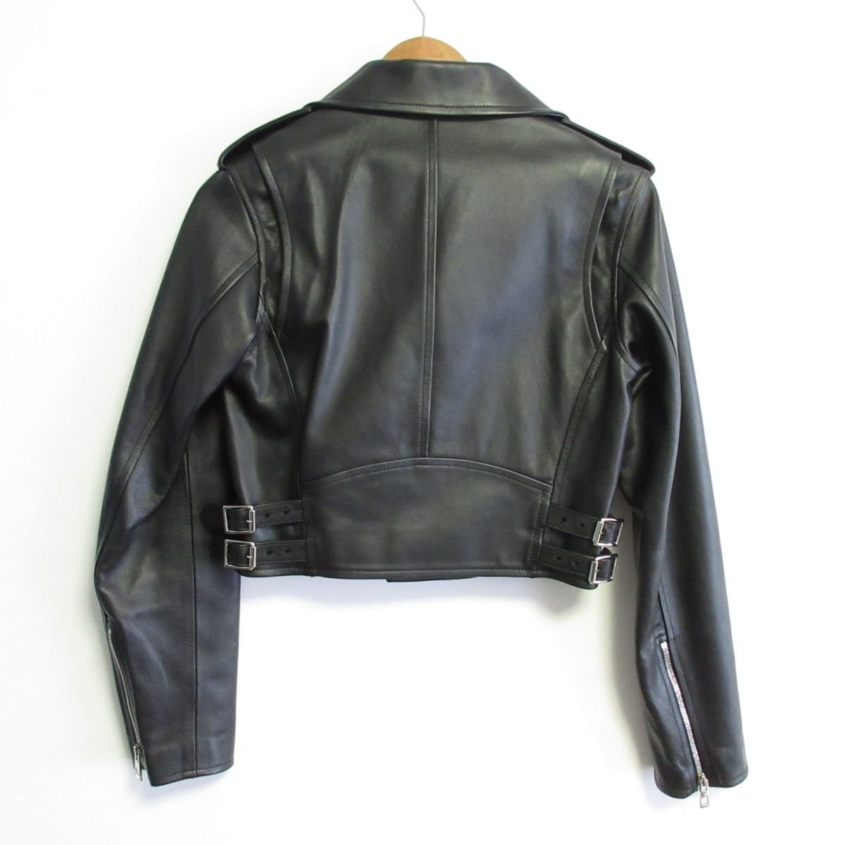 美品 20AW ロエベ Short Plain Elegant Style Biker Jackets レザー ダブルブレスト ショート丈 ライダースジャケット 36 ブラック ◆_画像2