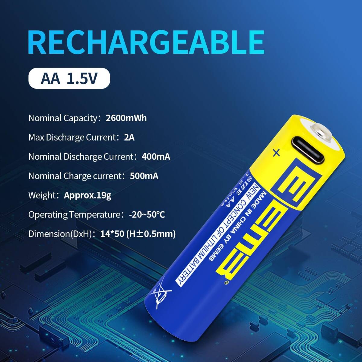 12 EEMB AA電池12パックAA充電可能電池リチウム電池AA USB C型充電ケーブル交換電池1.5 V 2600 mWhフ_画像2