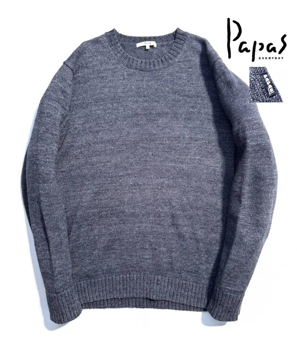 美品【定価3万】Papas+ パパス プラス ウール クルーネックニット L ロゴタブ メンズ ネイビー【着心地抜群の一枚】セーター_画像1