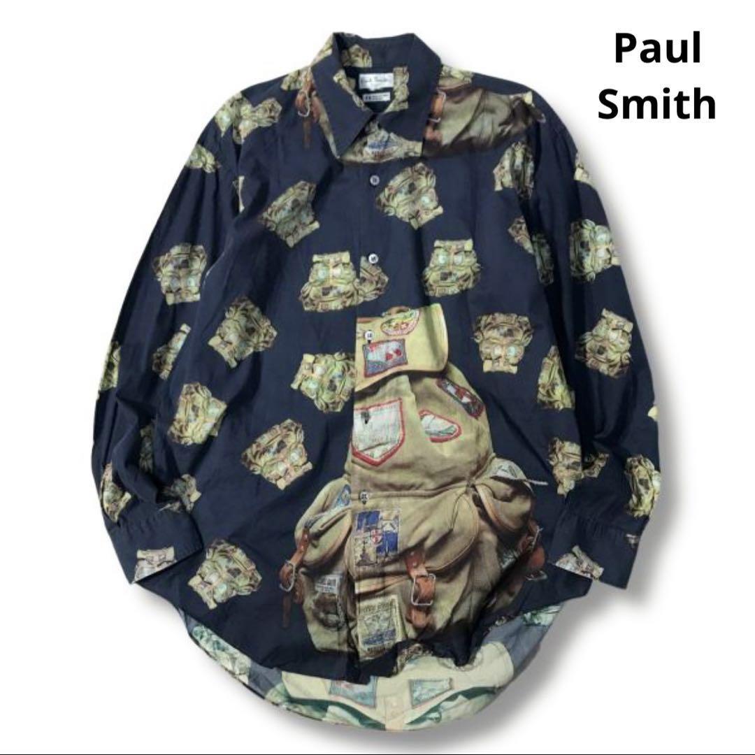ポールスミス　イタリア製生地　ドレスシャツ　長袖　リュック柄　バックパック　総柄