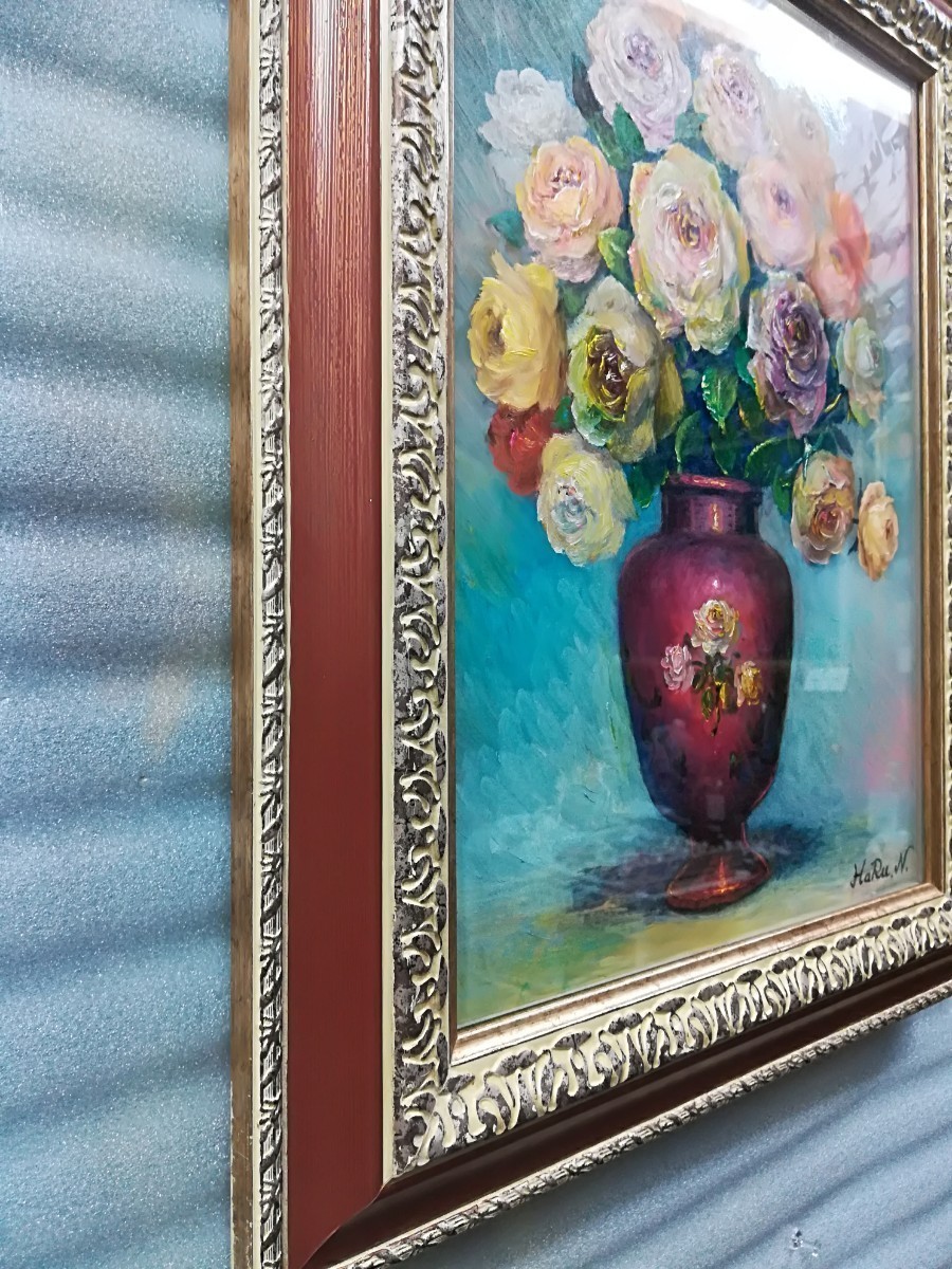 画家haru 油彩画[薔薇]　真作、原画、一点物、絵のサイズ385×295特寸　額縁付き　静物画。_画像2