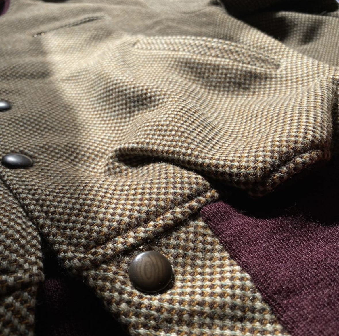 【1000円スタート スペシャル】Good fabric 50s wool tweed blouson L ビンテージ スタジャン ファラオジャケット ショールカラー 千鳥 _画像5