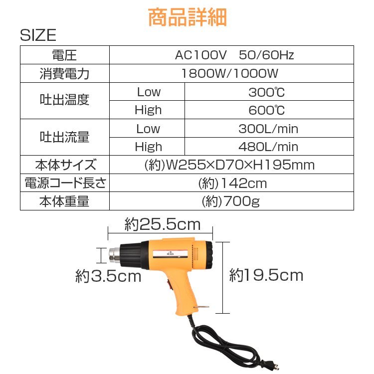 送料無料 ホットガン ヒートガン 超強力 1800W アタッチメント付 2段階 メンテナンス用品 塗装 シュリンク 包装 工具 DIY PSE認証済 sg010_画像10