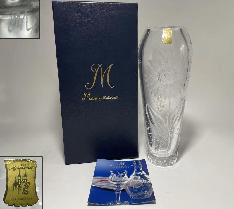 AS551 西洋美術　Meissen マイセン　クリスタル花瓶　向日葵葡萄紋　浮彫花瓶　元箱付　H22cm_画像1