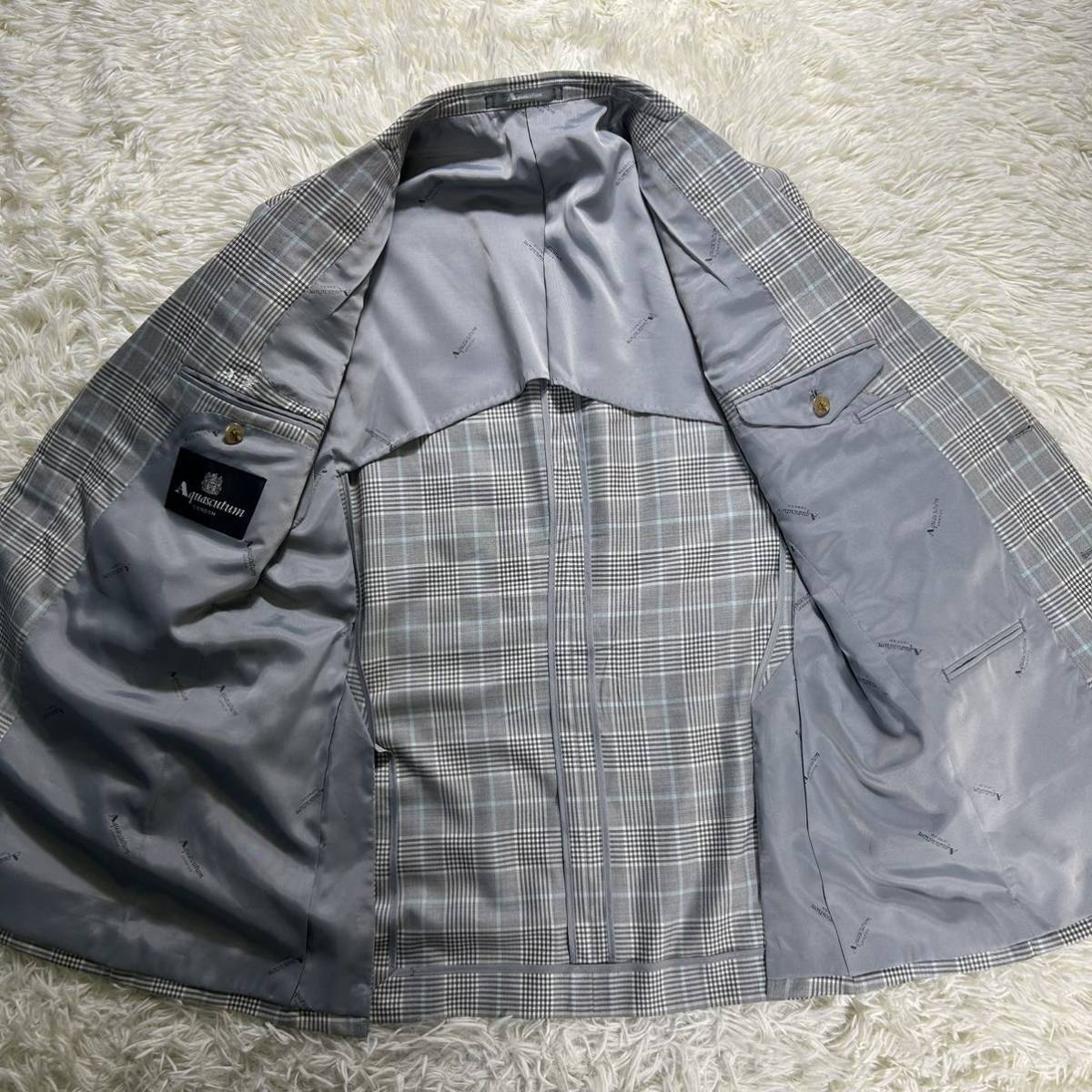 美品　アクアスキュータム【希少Lサイズ　極上シルク】Aquascutum テーラードジャケット　グレー　ライトブルー　背抜き　春夏　メンズ_画像3