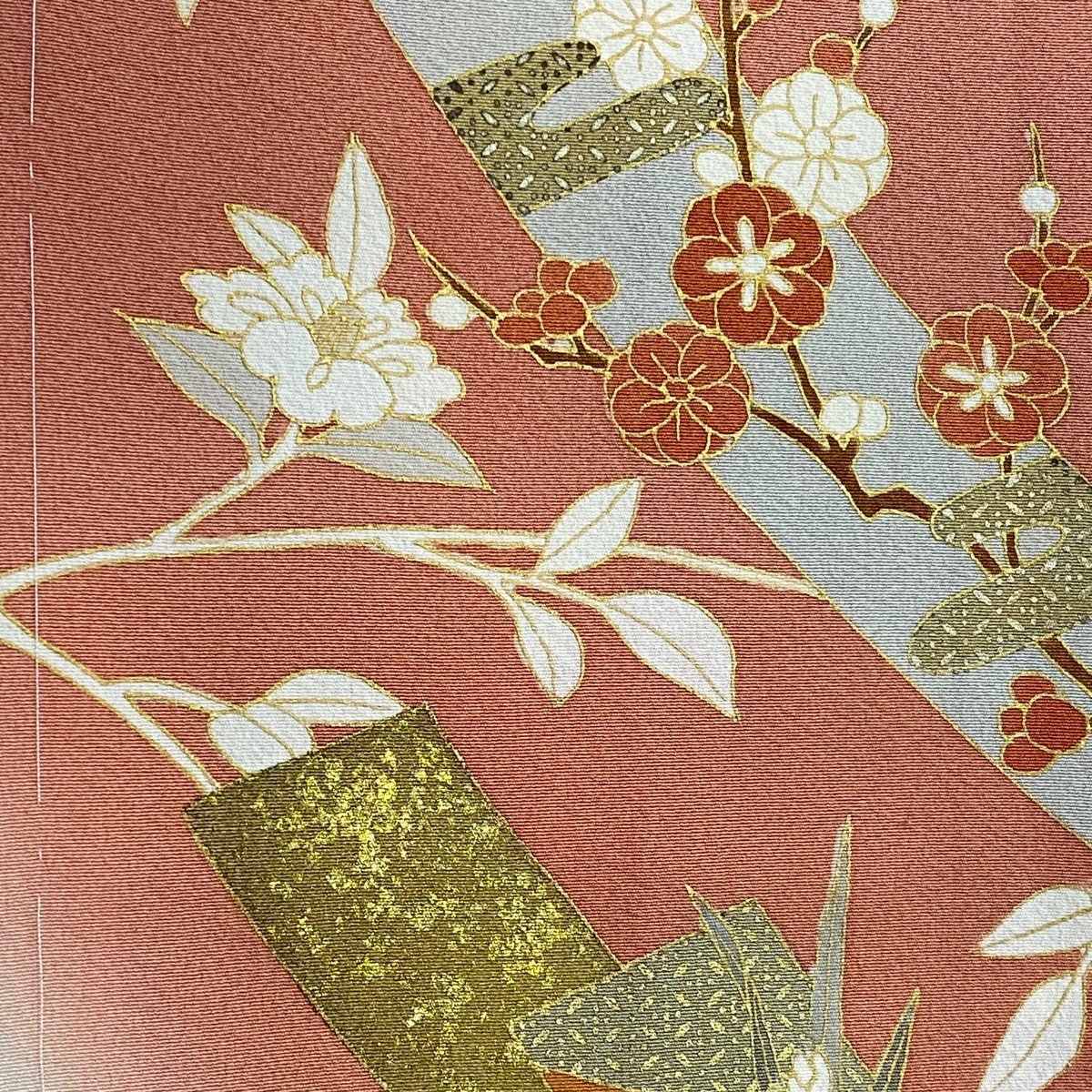 付下げ 身丈160cm 裄丈67cm M 袷 短冊 菊 金銀彩 刺繍 サーモンピンク 正絹 秀品 【中古】_バイセル 14089_5