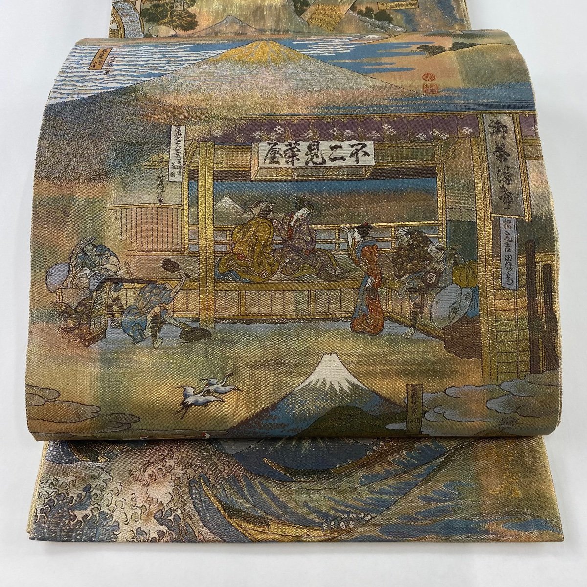 袋帯 美品 秀品 葛飾北斎 富嶽三十六景 人物 金糸 箔 薄オレンジ 全通 正絹 【中古】_バイセル 14117_1