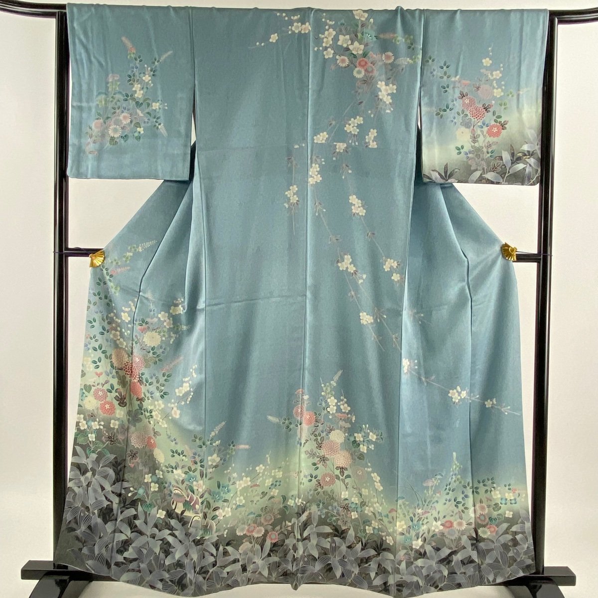 訪問着 身丈159.5cm 裄丈66cm M 袷 菊 鴛鴦 金銀彩 ぼかし 水色 正絹 秀品 【中古】