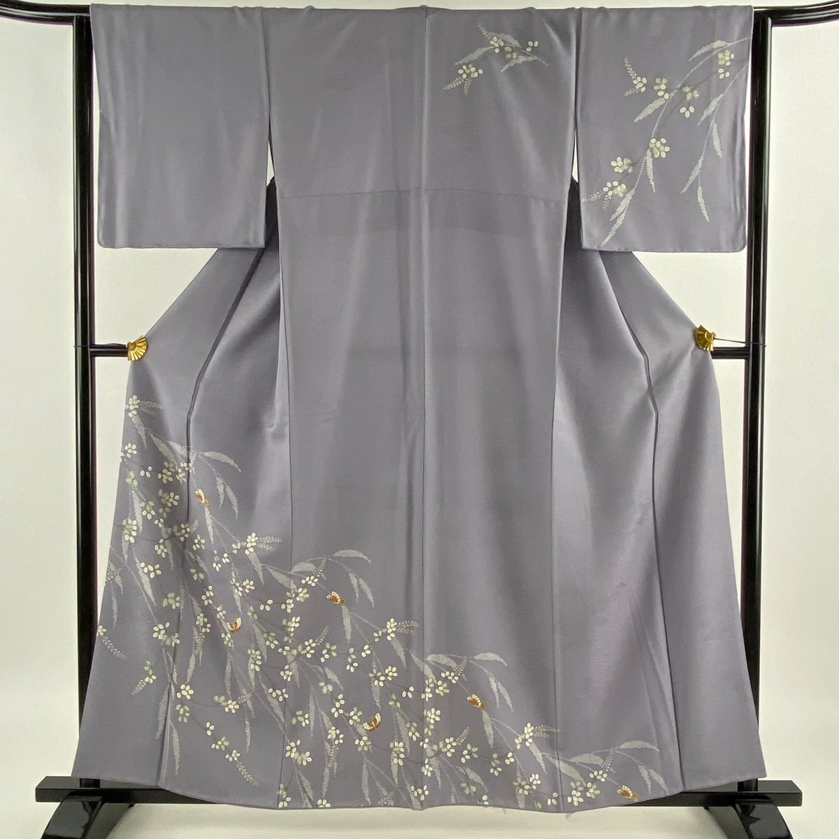 訪問着 身丈158.5cm 裄丈65.5cm M 袷 萩 蝶 金彩 灰紫 正絹 美品 秀品 【中古】