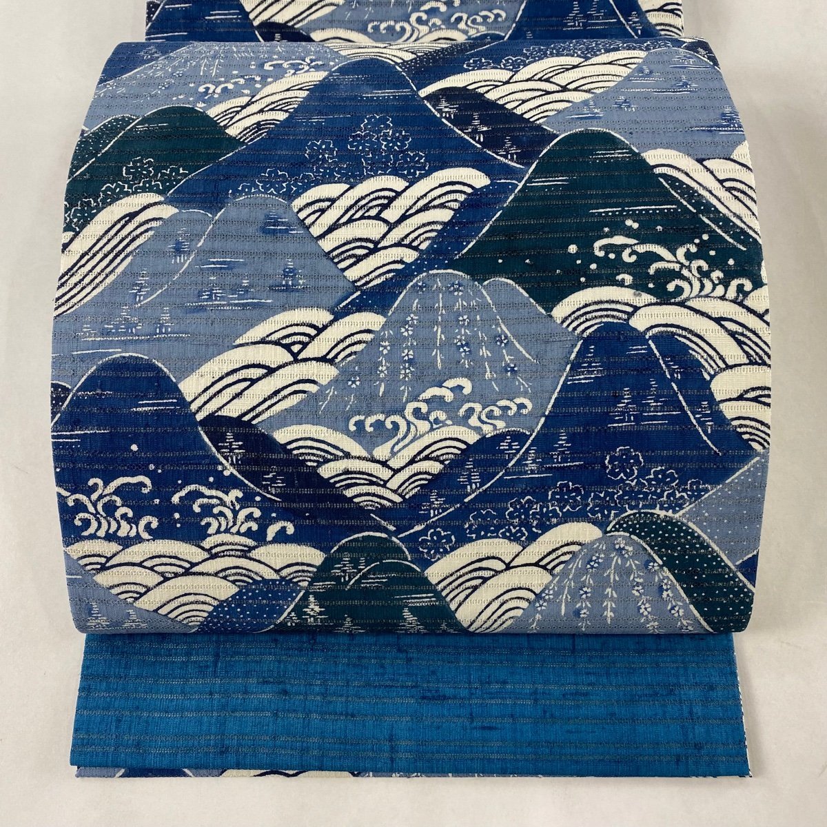 開き名古屋帯 美品 逸品 夏帯 紬地 山並 波 藍色 正絹 【中古】