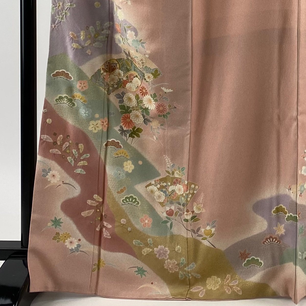 訪問着 身丈167cm 裄丈67.5cm L 袷 落款 扇面 草花 金彩 絞り ピンク 正絹 名品 【中古】_バイセル 14088_2