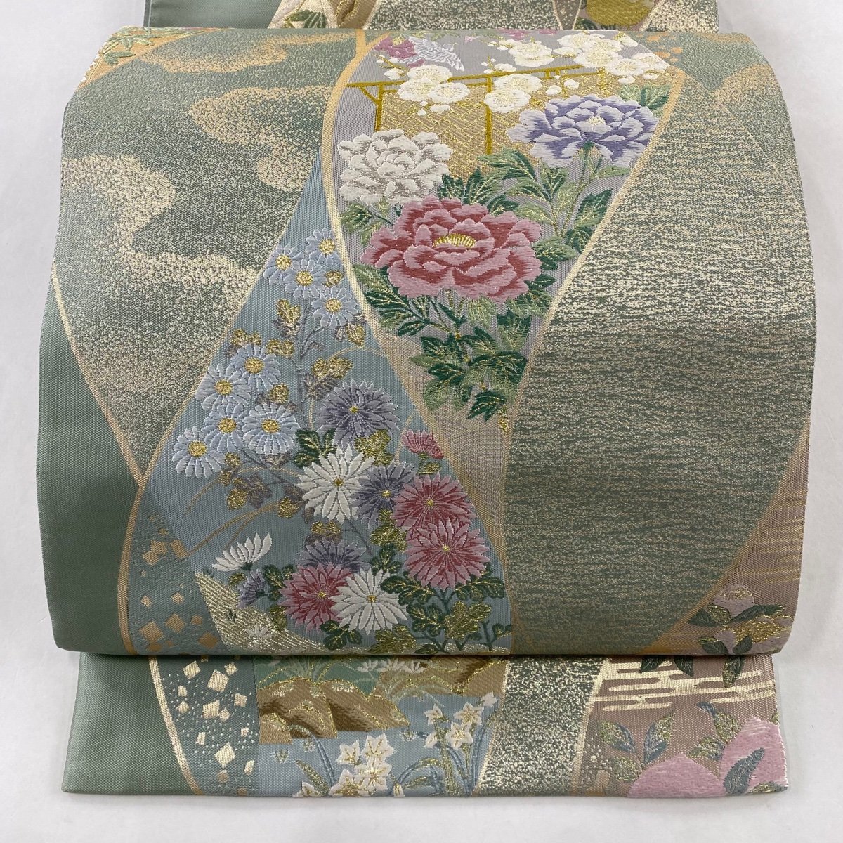 袋帯 美品 秀品 草花 箔散し 金糸 箔 薄緑 六通 正絹 【中古】