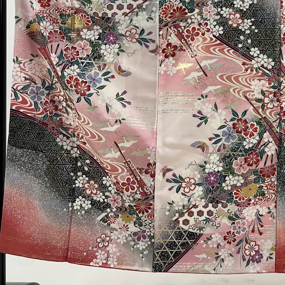 振袖 身丈152cm 裄丈60.5cm S 袷 草花 扇 金銀彩 ぼかし ピンク 正絹 美品 秀品 【中古】_バイセル 14087_2