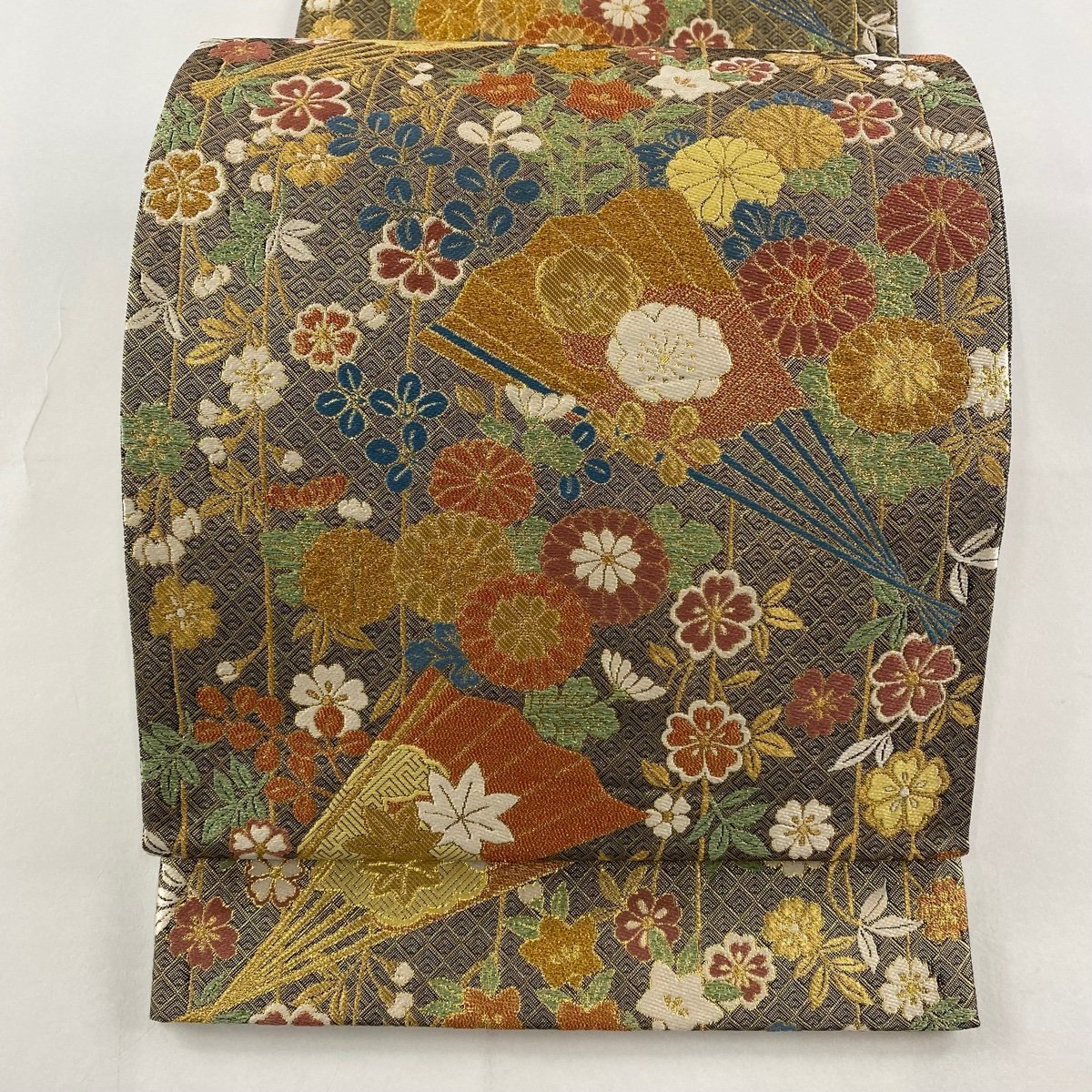 袋帯 美品 秀品 扇 草花 箔 金糸 金色 六通 正絹 【中古】_バイセル 14117_1