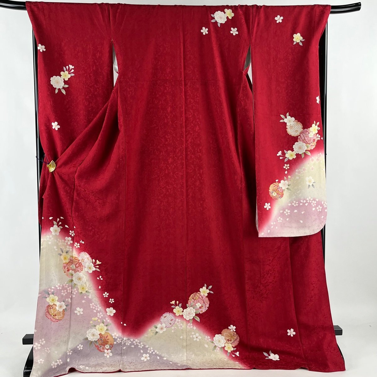 振袖 身丈179cm 裄丈68.5cm L 袷 雪輪 桜 ラメ彩 金彩 赤 正絹 美品 名品 【中古】