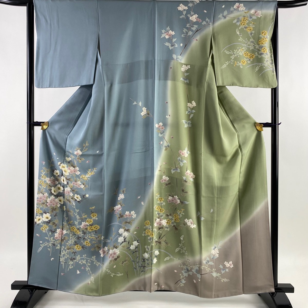 訪問着 身丈160cm 裄丈64.5cm M 袷 草花 染分け ぼかし 青灰色 正絹 美品 名品 【中古】