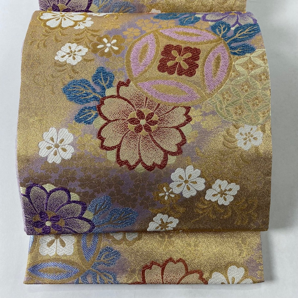 袋帯 美品 名品 振袖向き 桜 七宝 金糸 箔 金色 六通 正絹 【中古】