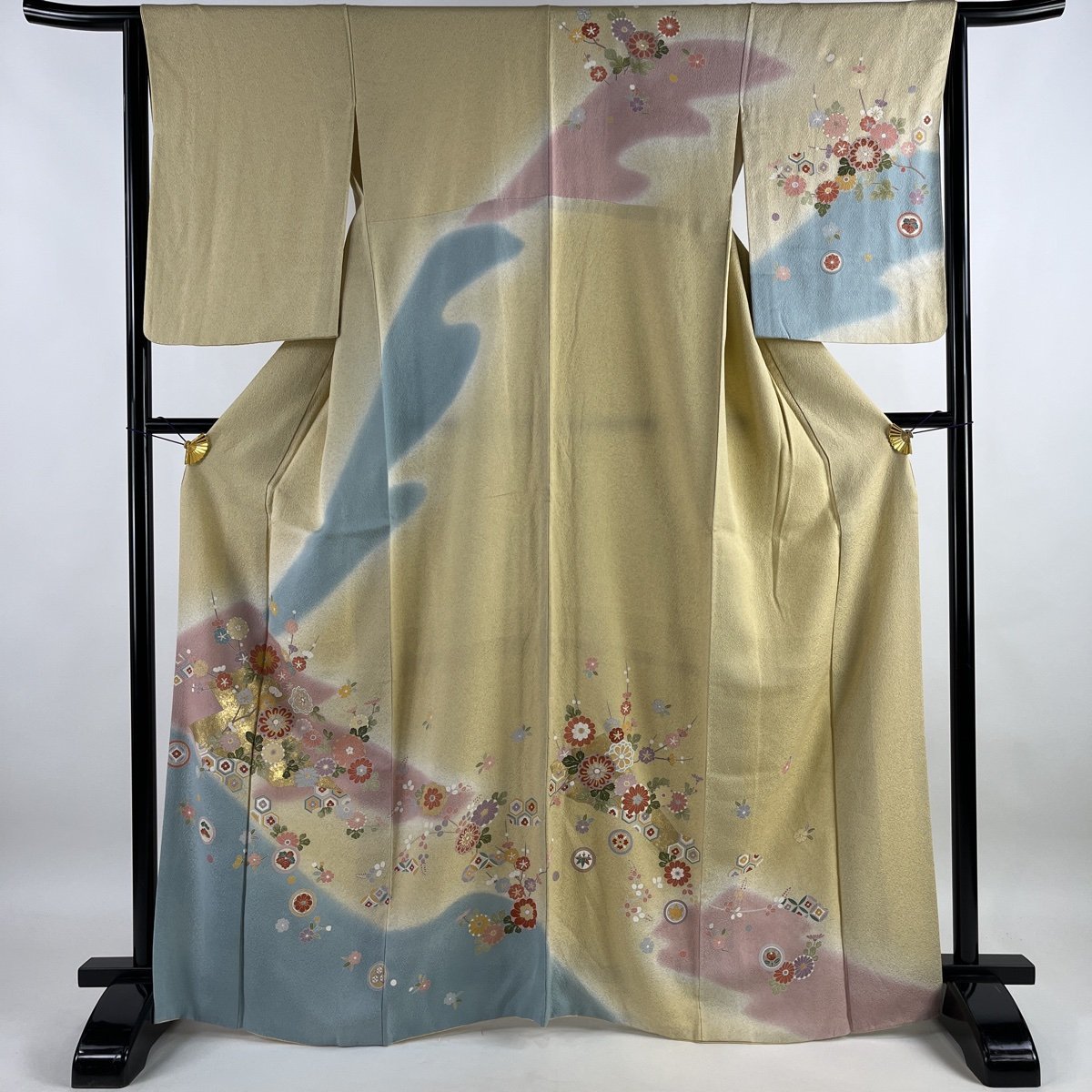 訪問着 身丈165.5cm 裄丈63.5cm S 袷 草花 亀甲 金彩 ぼかし ベージュ 正絹 名品 【中古】