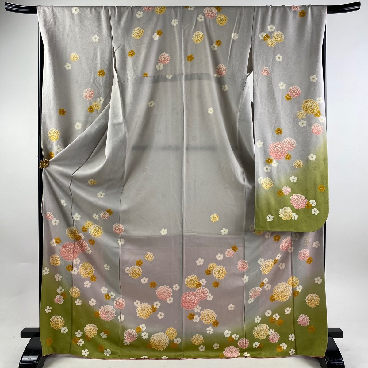 振袖 身丈173cm 裄丈68cm L 袷 nakano hiromichi 落款 花 箔 刺繍 灰色 正絹 美品 名品 【中古】