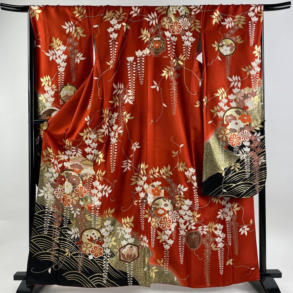 振袖 身丈164cm 裄丈68.5cm L 袷 菊 松 金糸 金銀彩 赤 正絹 名品 【中古】