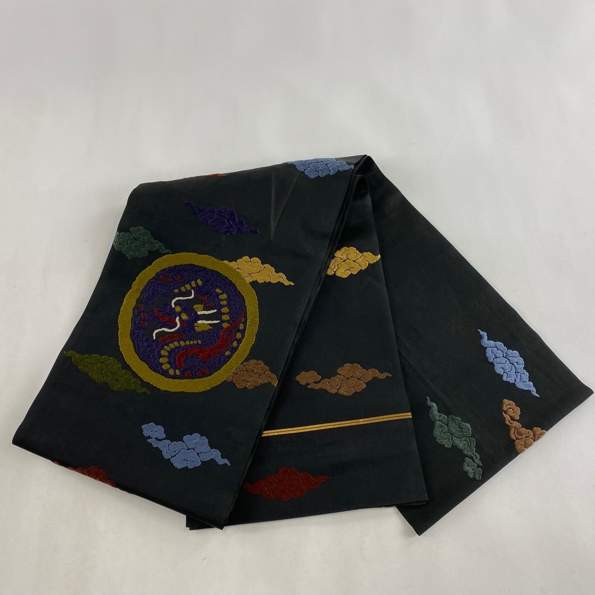 袋帯 逸品 落款 誉田屋源兵衛 龍 筋斗雲 刺繍 箔 深緑 お太鼓柄 正絹 【中古】_バイセル 14117_7