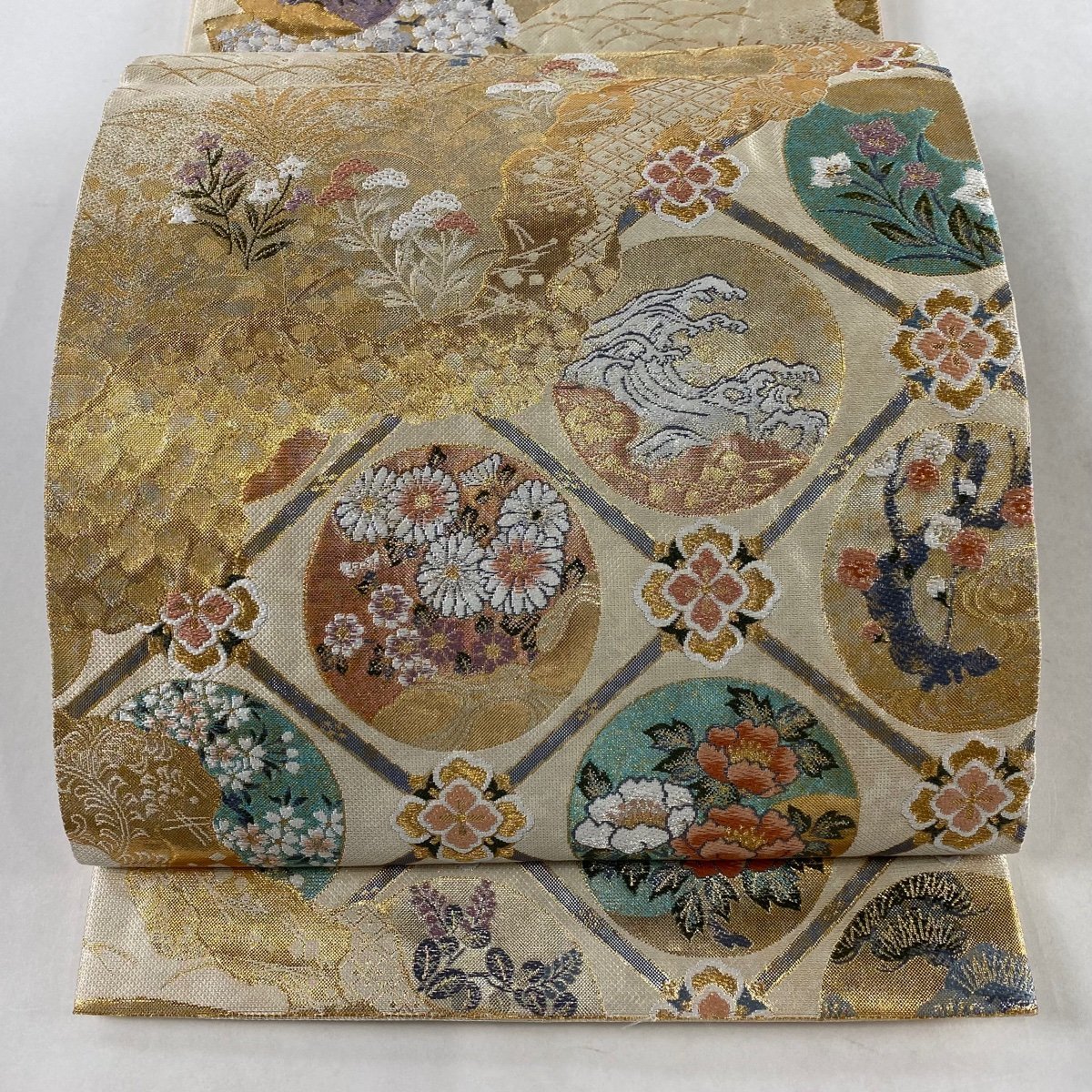 袋帯 美品 秀品 丸文 草花 金糸 箔 クリーム 六通 正絹 【中古】