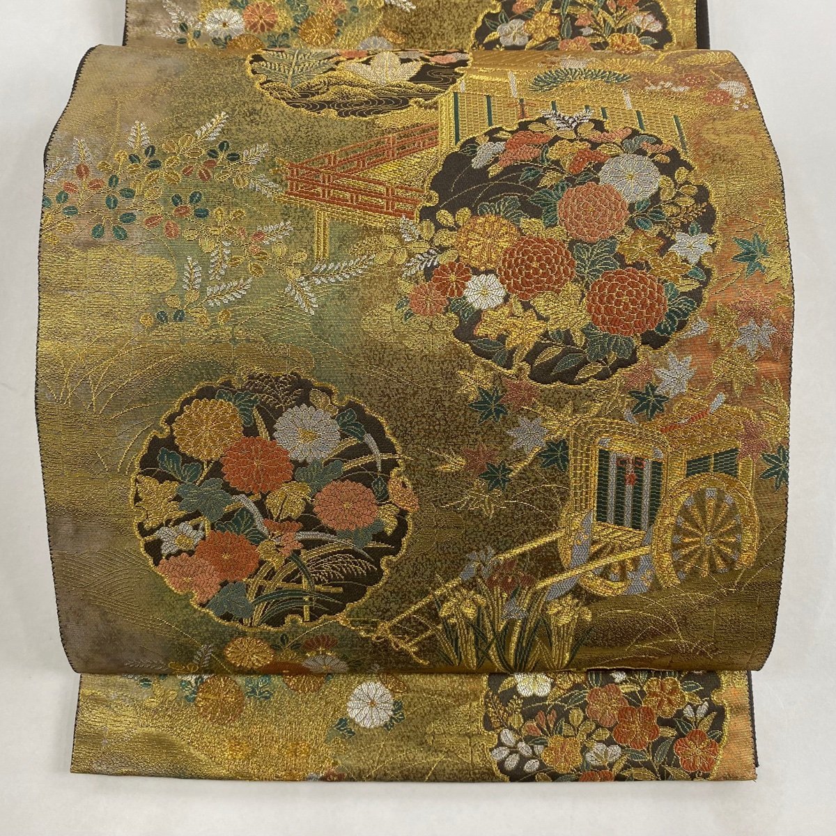 袋帯 美品 秀品 雪輪 松竹梅 金糸 箔 金色 六通 正絹 【中古】_バイセル 14117_1