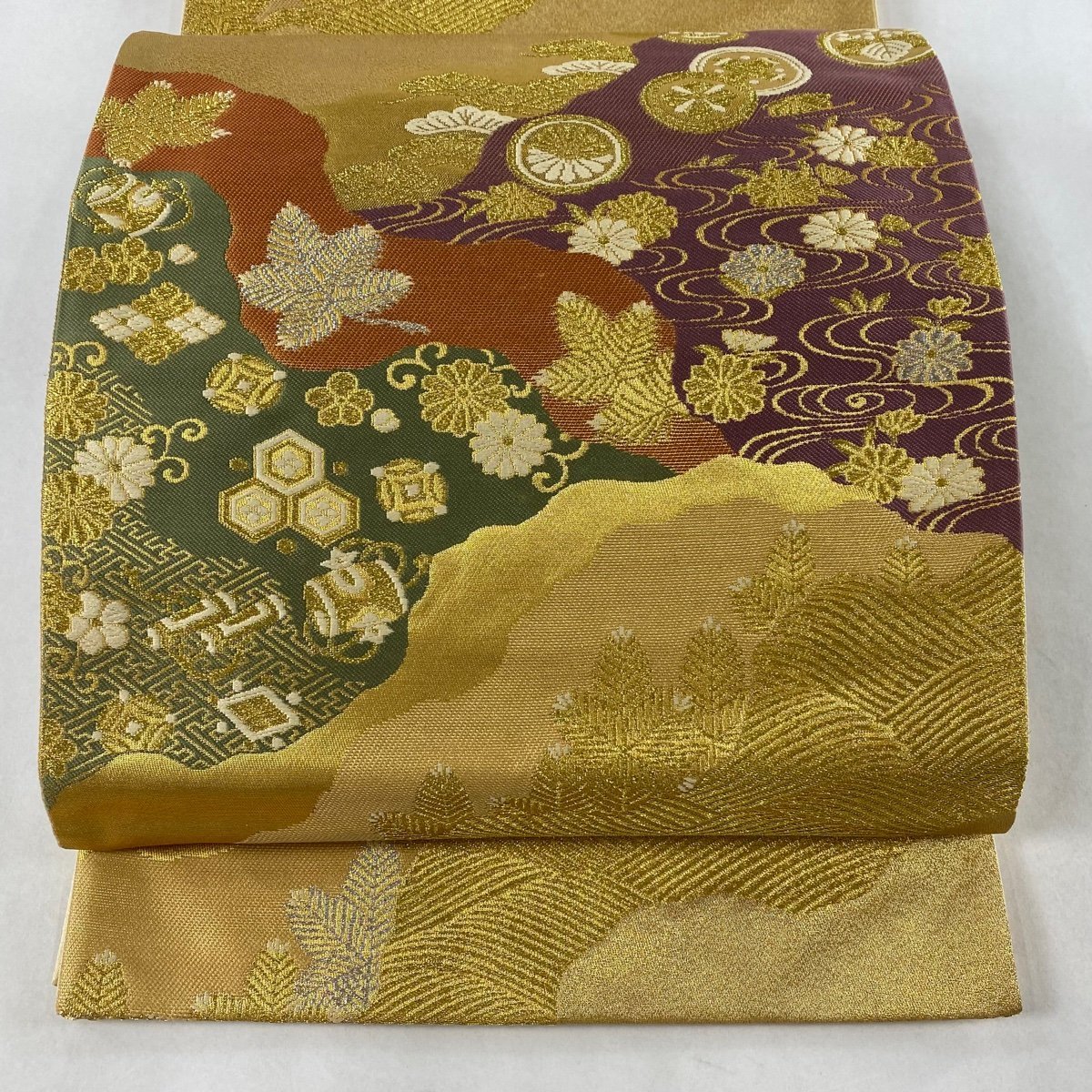 袋帯 美品 秀品 吉祥金彩道長文 金銀糸 金色 六通 正絹 【中古】_バイセル 14117_1