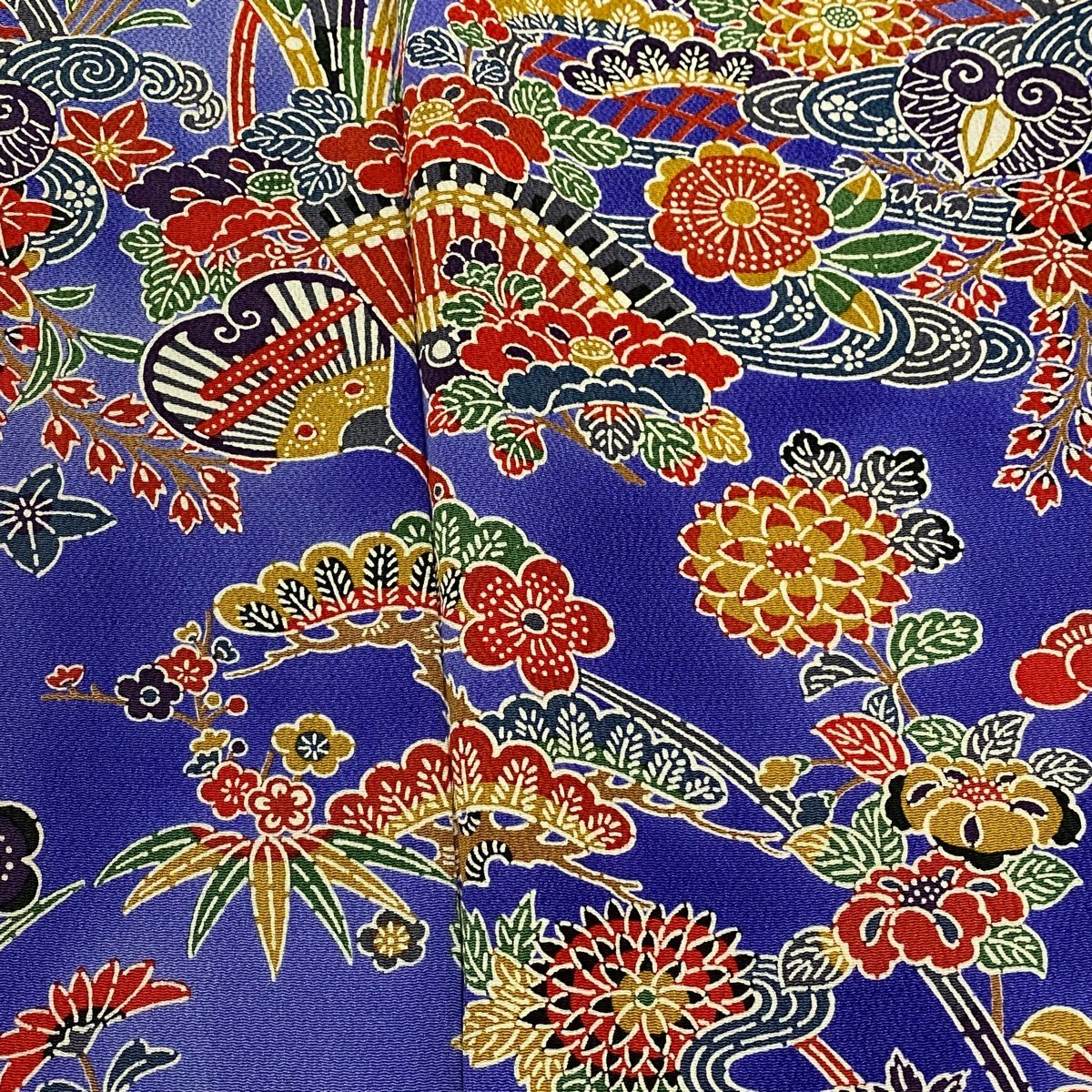 long-sleeved kimono length 155.5cm sleeve length 62.5cm S. hinoki cypress . flowers and birds .. bokashi blue purple silk name goods [ used ]