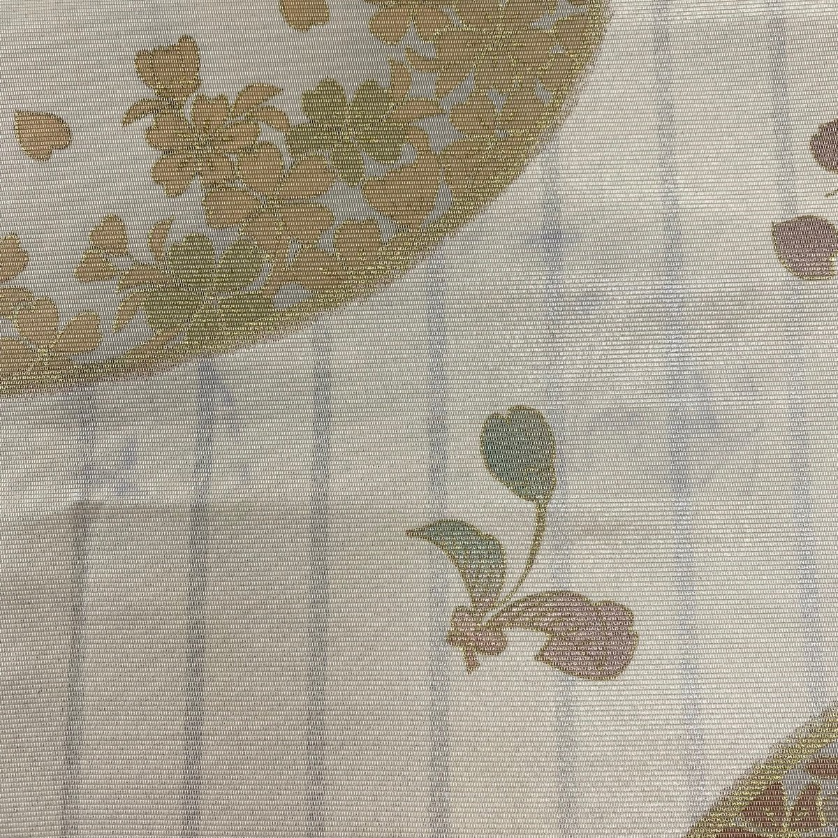 袋帯 秀品 桜 尾長鳥 螺鈿箔 金彩 ベージュ お太鼓柄 正絹 【中古】_バイセル 14117_5