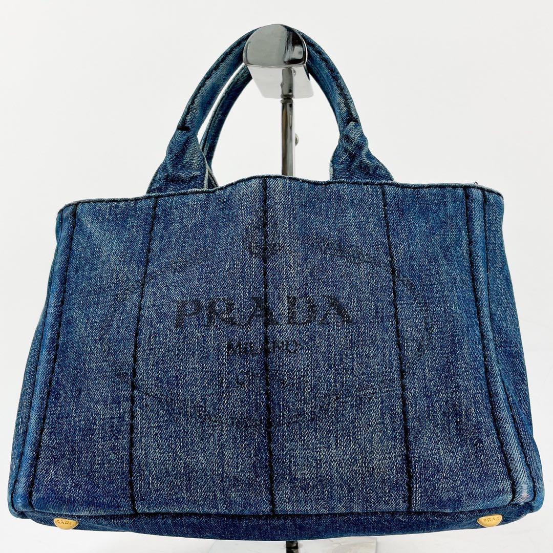 美品・人気モデル PRADA プラダ カナパS トートバッグ 2way ショルダーバッグ ハンドバッグ 白タグ 三角プレート ネイビー デニム 保存袋_画像2