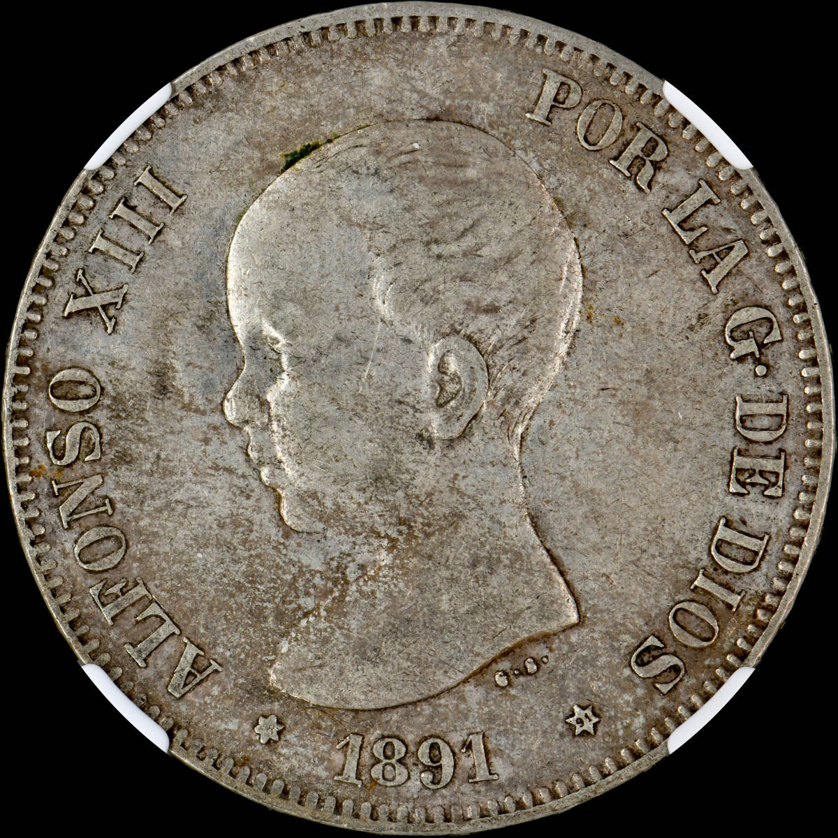 ★日終 【NGC XF45】1891(91) PMG スペイン 5P銀貨 美品 アルフォンソ13世 幼年像 世界コイン 古銭 貨幣 硬貨 銀貨 銅貨【決済期限火曜日】_画像1