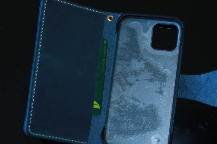 サービス品handmade手縫い本革 iphone12mini手帳カードいれケースブルー限定1点の画像2