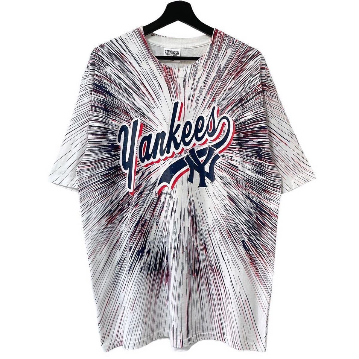 ■激レア■90s USA製 NEW YORK YANKEES 総柄 オーバープリント Tシャツ XL ニューヨーク ヤンキース MLB 野球 ビンテージ_画像1