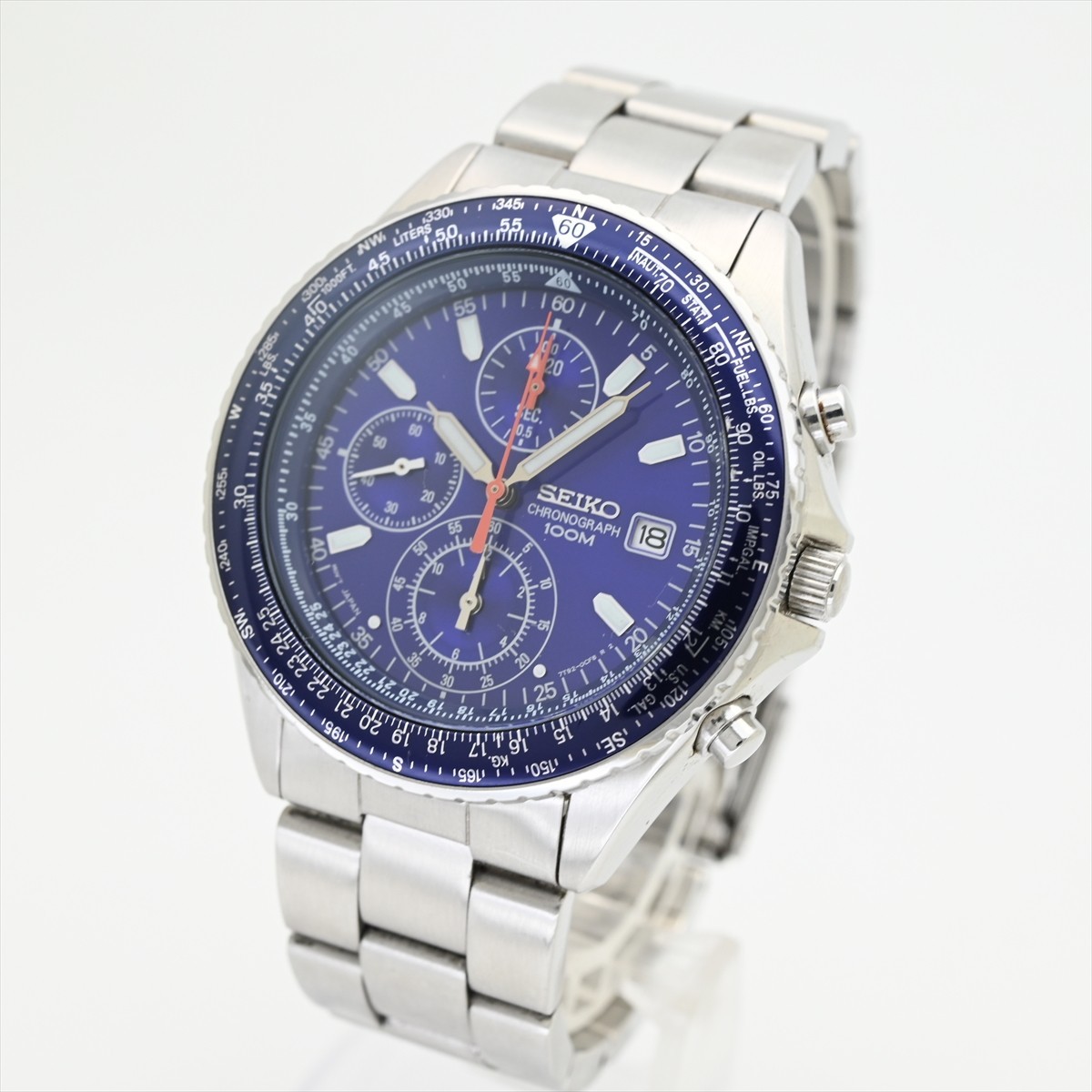 美品 SEIKO/パイロットウォッチ●クロノグラフ 7T92-0CF0 青 ブルー 純正ベルト付 クオーツ 電池交換済 メンズ腕時計 100ｍ防水 中古 1円～_画像4