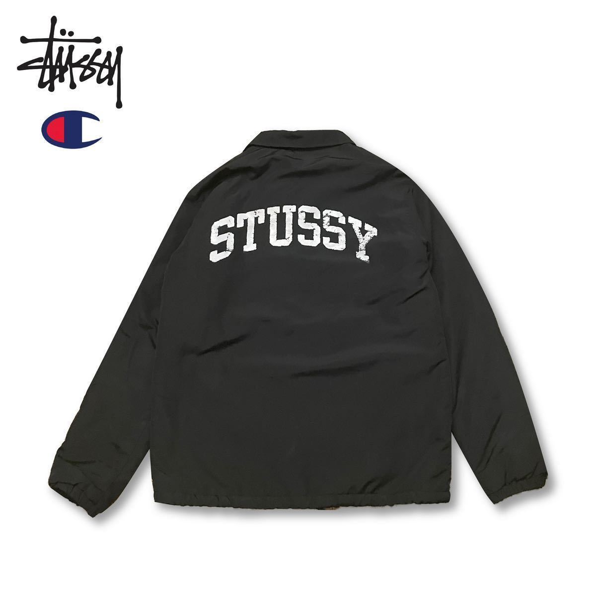 【レア】Stussy x Champion 裏ボア Coach Jacket ステューシー チャンピオン コーチジャケット ブルゾン ジャケット ブラック S ロゴ_画像2