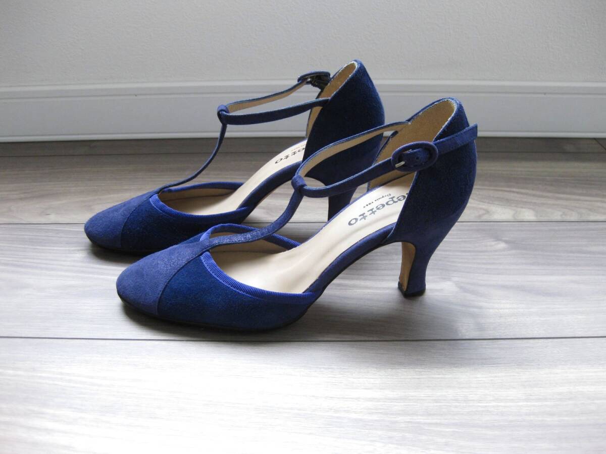 即決☆レペットrepetto☆ヒールパンプス☆スエード×レザー☆37.5☆BLUE☆T字ストラップ☆フランス☆美品☆_画像2