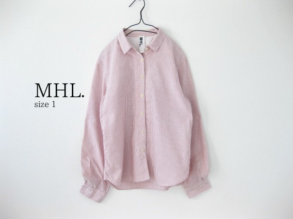 送料込☆MHL.マーガレットハウエル☆シャツ☆長袖☆ストライプ柄☆1(S)☆コットン☆WHITE×RED☆_MARGARET HOWELL