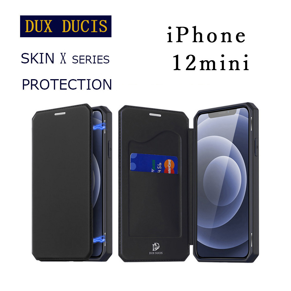 iPhone 12 mini ケース ブラック 手帳型 PUレザー カード収納 スタンド機能 耐水 指紋防止 耐衝撃 スキンX プロテクション ワイヤレス充電_画像1