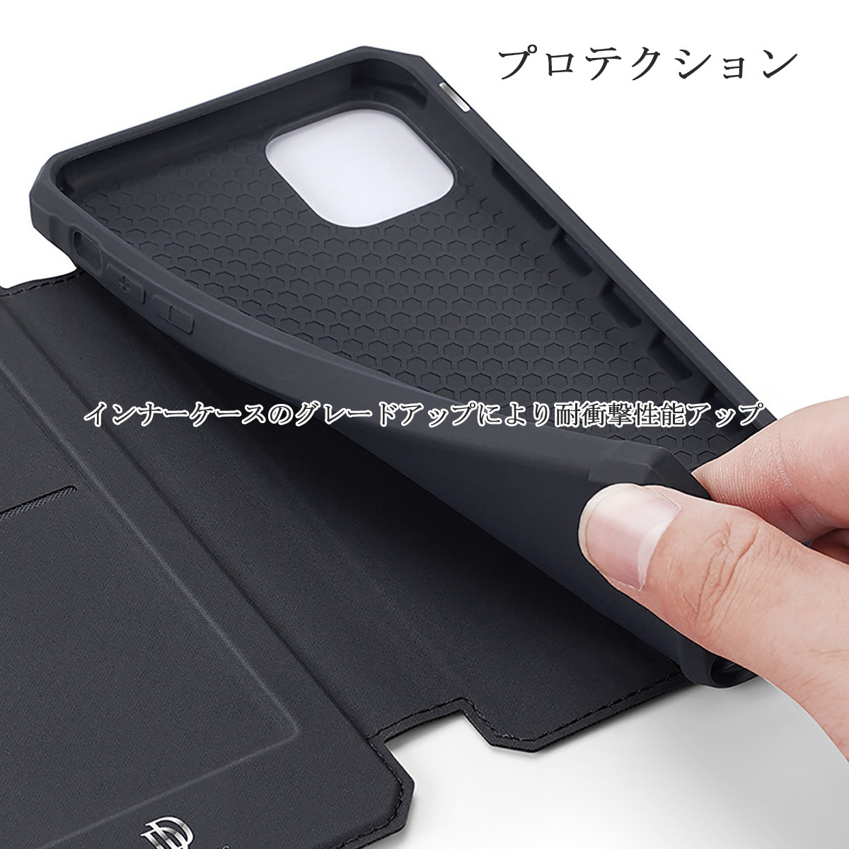 iPhone 12 mini ケース ブラック 手帳型 PUレザー カード収納 スタンド機能 耐水 指紋防止 耐衝撃 スキンX プロテクション ワイヤレス充電