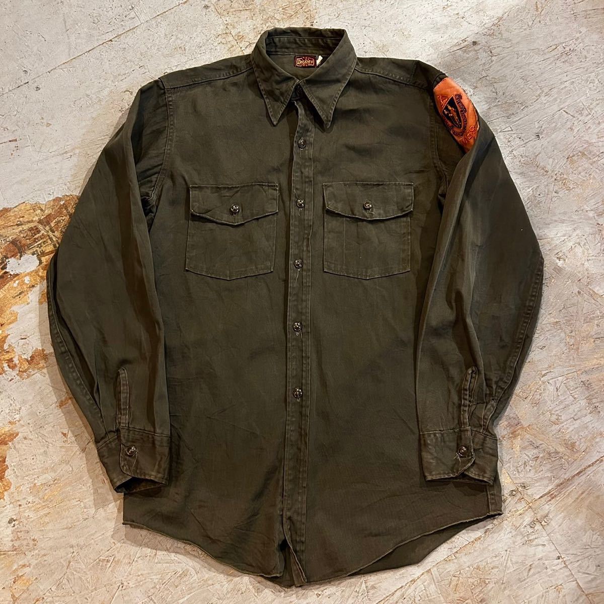 ディッキーズ Dickies ビンテージ 40s 50s ワークシャツ 15-L 長袖 USA製 オリーブカーキ 無地 ワッペン ポリエステルコットン 30s 60s 70s