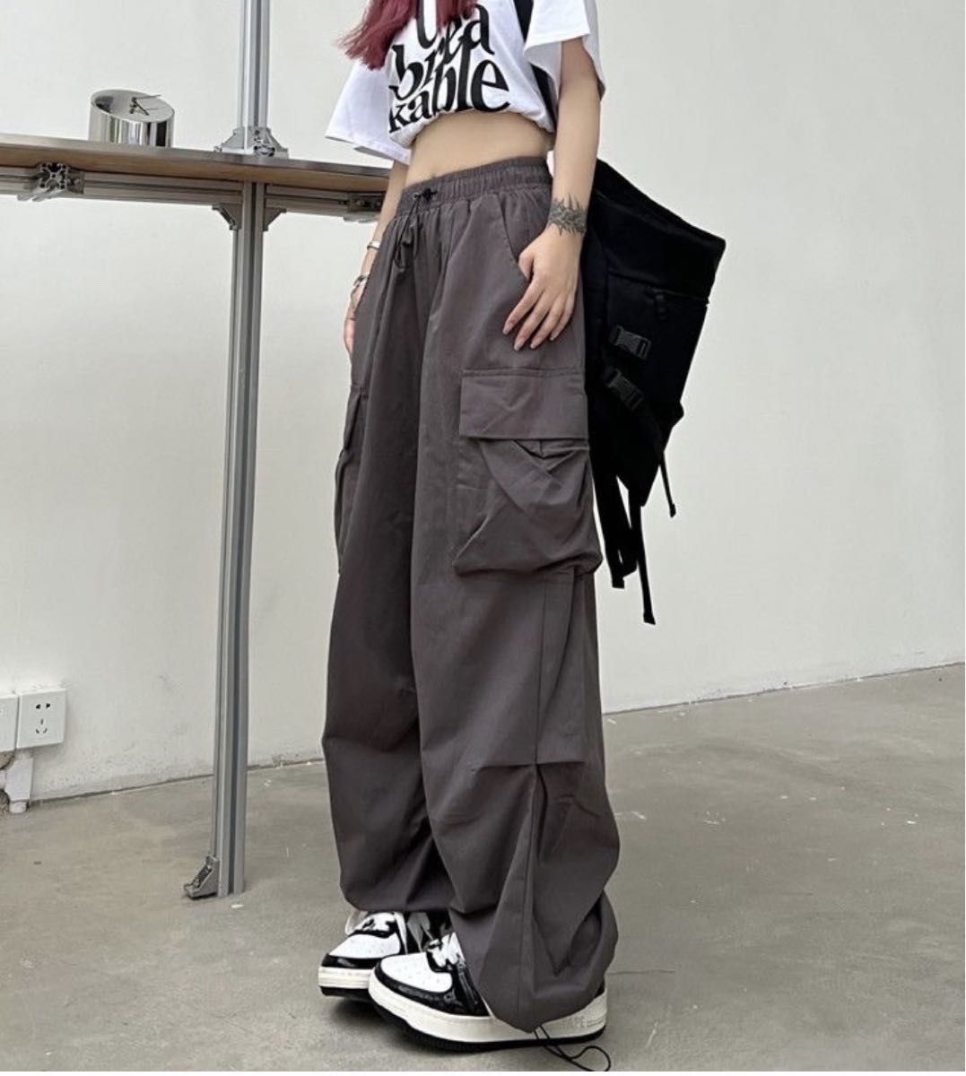 カーゴパンツ　ワイドパンツ　カジュアル　ストリート　レディース　韓国　グレー　韓国ファッション
