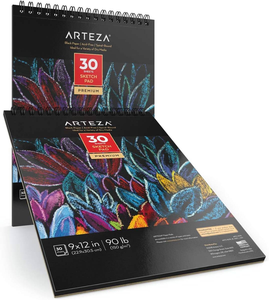 ARTEZA 2冊パック 9X12インチ 黒スケッチパッド 60枚（90lb/150gsm）各30枚 らせん綴り 厚紙 スケッチブック ブラック 用紙 マイクロ穿孔