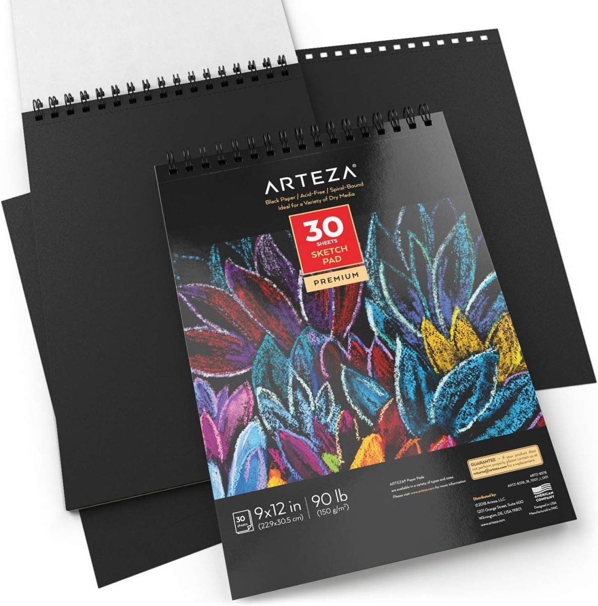 ARTEZA 2冊パック 9X12インチ 黒スケッチパッド 60枚（90lb/150gsm）各30枚 らせん綴り 厚紙 スケッチブック ブラック 用紙 マイクロ穿孔